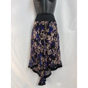 Diane Von Furstenberg 100% Silk Black Blue Midi Skirt Size 6 Back Bow Floral